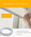 Person installing V2 Wirefree Motor Charger For External Battery Pack To Power Motorized Shades 6-foot cable length shown