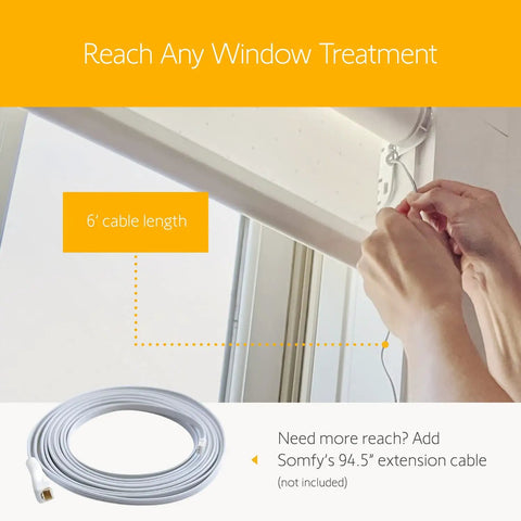 Person installing V2 Wirefree Motor Charger For External Battery Pack To Power Motorized Shades 6-foot cable length shown