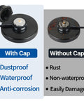 Comparison of Weatherproof Antenna Mount Cap Cover With O Ring Seal For VHF UHF GMRS CB Radios And NMO Antenna Mount Base showing with and without cap conditions.