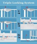 Super Tall Extra Wide Pressure Mounted Baby Gate With Triple Lock System detail of locking mechanisms in three steps