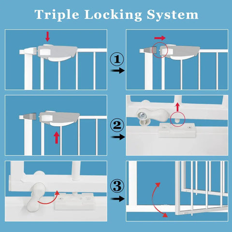 Super Tall Extra Wide Pressure Mounted Baby Gate With Triple Lock System detail of locking mechanisms in three steps