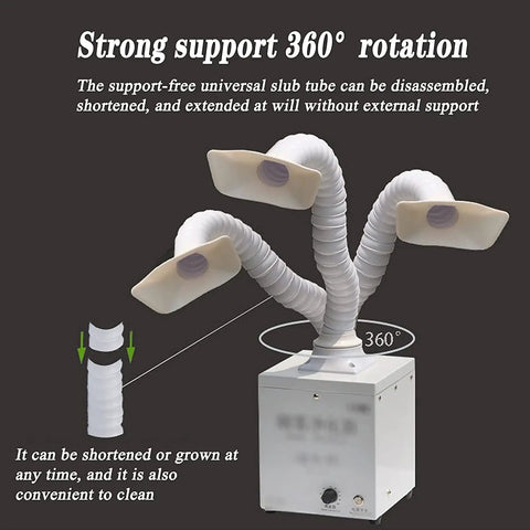 Heavy Duty Welding Fume Extractor With Killer Suction And Three Layer Filtration For Clean Air During Soldering Jobs Low Noise Design With Adjustable 360 Degree Tube, showcasing 360° rotation and flexible arms.
