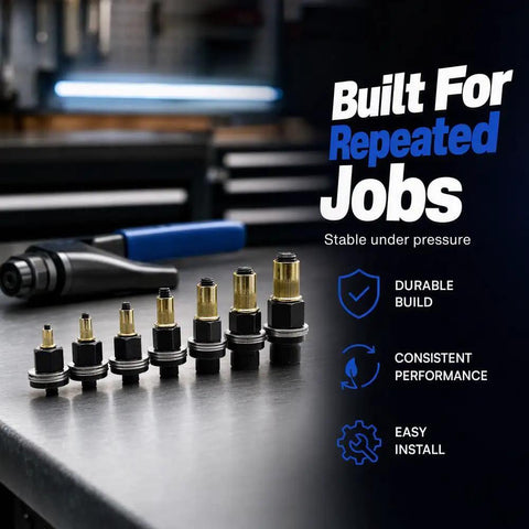 Rivet Nut Tool Kit M3 To M10 With 180 Nuts For Quick Metal Repair In The Shop Grab And Go Wrench Or Drill Heads Included For Fast Installations And Tidy Organized Set, six heads on workbench