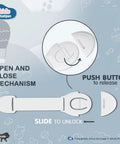 Image of 12 Pack Baby Safety Cabinet Locks White Two Step Locking System showing open and close push button mechanism.