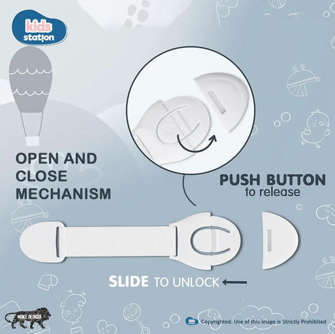 Image of 12 Pack Baby Safety Cabinet Locks White Two Step Locking System showing open and close push button mechanism.