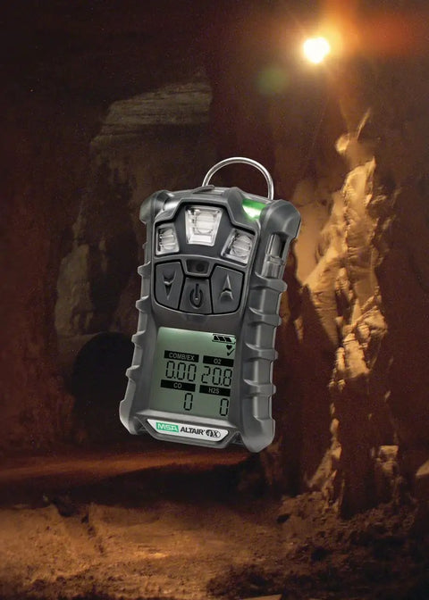 4XR Multigas Detector Portable Handheld Gas Monitor With LEL O2 H2S CO Sensing in a rugged underground tunnel.