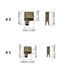 Four In One No Frills Zipper Repair Kit Set With Retainer Boxes And Insertion Pins For Sizes 3 5 8 10 Metal Latch Sliders In Bronze Tone For Open End Zippers On Bags And Coats Replacement close-up view of sizes 3 and 5 bronze tone latch sliders with dimensions.