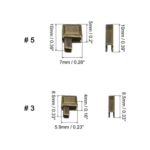 Four In One No Frills Zipper Repair Kit Set With Retainer Boxes And Insertion Pins For Sizes 3 5 8 10 Metal Latch Sliders In Bronze Tone For Open End Zippers On Bags And Coats Replacement close-up view of sizes 3 and 5 bronze tone latch sliders with dimensions.