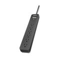 Surge Protector With A 25 Foot Extension Cord Six Outlets 1080 Joule Rating Long Power Strip With 14 AWG Cable, black design.