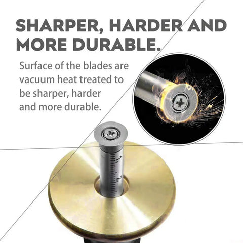 Top Notch Dovetail Jig Wheel Marking Gauge Kit Featuring Hella Precise Cnc Aluminum Body With Rock Solid Bearings For Softwood And Hardwood Layout Includes Heavy Duty Screwdriver Woodworking Pencil Dual Measure Ruler, close-up of sharpened blade with brass body.