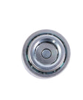 Front view of a circular chrome hydraulic test connector fitting for pressure gauge.