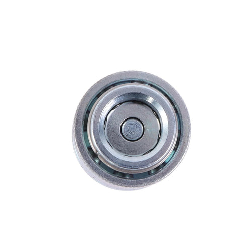 Front view of a circular chrome hydraulic test connector fitting for pressure gauge.