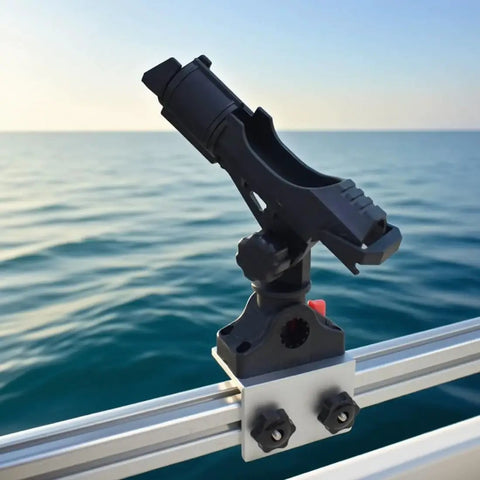 Heavy Duty Fishing Rod Holder for 90 Degree Boat Track System Side Mount with Aluminum Bracket Base 360 Degree Rotating for Versatrack Ranger Track System Bass Tracker and Track Boats, black
