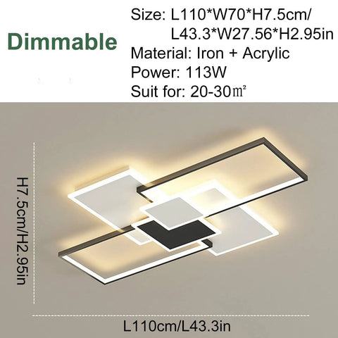 Dope 113W LED Ceiling Light Flush Mount, dimmable modern fixture with metal and acrylic 4 rectangle panels, black, dimensions shown.