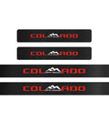 Four Piece Reflective Car Door Sill Protectors Chevy Colorado Off Road Carbon Fiber Scuff Plates in red with mountain design.