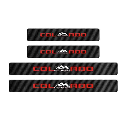Four Piece Reflective Car Door Sill Protectors Chevy Colorado Off Road Carbon Fiber Scuff Plates in red with mountain design.