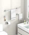 4 Piece Bathroom Hardware Set With Robe Hook Toilet Paper Holder Towel Holder And Towel Bar In SUS304 Stainless Steel Polished Chrome for a modern upgrade