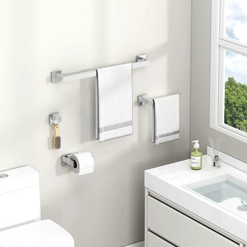 4 Piece Bathroom Hardware Set With Robe Hook Toilet Paper Holder Towel Holder And Towel Bar In SUS304 Stainless Steel Polished Chrome for a modern upgrade