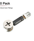 Close-up of Three In One Furniture Connector Kit showing cam lock nut with pre-insert nut and dowel screw, 20 sets included.