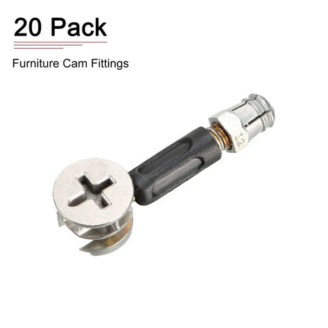 Close-up of Three In One Furniture Connector Kit showing cam lock nut with pre-insert nut and dowel screw, 20 sets included.