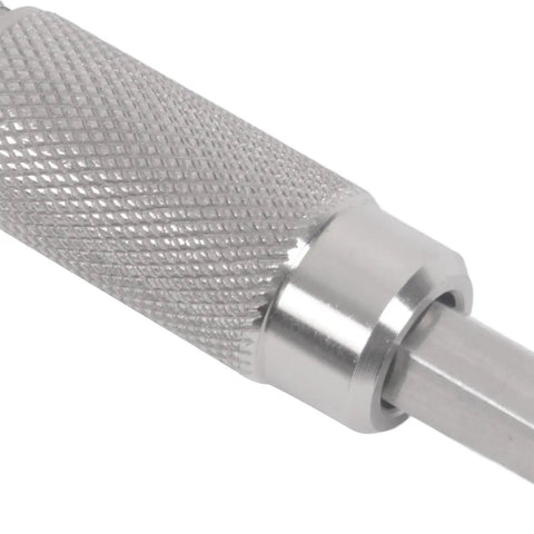 Close-up of 14mm Top Dead Center Timing Gauge TDC Tool For Spark Plug Thread, stainless steel texture detail
