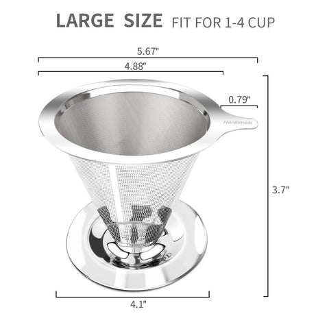 Pour Over Coffee Dripper With Double Mesh Stainless Steel Cone Filter dimensions for 1 to 4 cups, eco-friendly brewer.