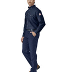 Men's CAT2 Flame Resistant Cool Touch Dress Shirt Navy X Large With NFPA Compliant Arc Rating, worn by model in navy outfit.