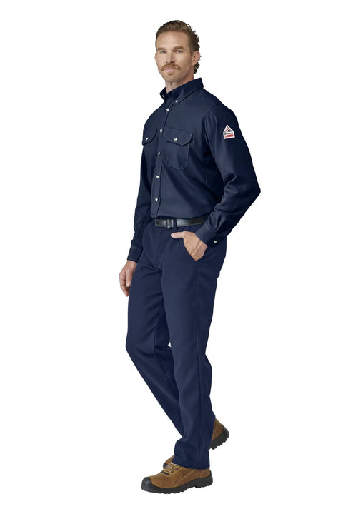 Men's CAT2 Flame Resistant Cool Touch Dress Shirt Navy X Large With NFPA Compliant Arc Rating, worn by model in navy outfit.