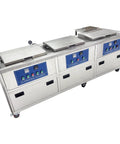 Heavy Duty 61L Three Tank Ultrasonic Cleaner With Hot Air Drying And Oil Skimmer For Industrial Metal Parts Cleaning System Rinsing Workstation 220V, stainless steel units with controls.