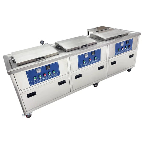Heavy Duty 61L Three Tank Ultrasonic Cleaner With Hot Air Drying And Oil Skimmer For Industrial Metal Parts Cleaning System Rinsing Workstation 220V, stainless steel units with controls.