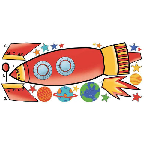 Rocket Giant Peel And Stick Wall Decals With Growth Chart Included For Kids Room Makeover Removable And Repositionable Easy To Apply On Any Smooth Surface Made In Usa, featuring colorful rocket parts and planets for wall decoration.