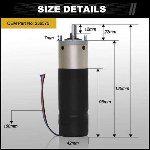 In Wall Slide Out Motor For Lippert Schwintek IG42 12V High Torque 300 To 1 Gear Ratio Replacement dimensions displayed