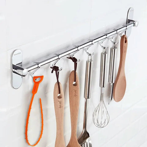 Kitchen tools hanging on rail with 4 Pack 25 Inch Drain Snake Kit For Clogged Drains And Drain Clog Remover Unclog Kitchen Sink Bathroom Tub.