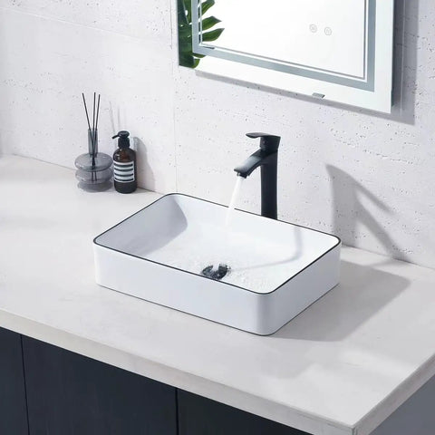 Rectangular Vessel Sink 20 By 14 Inch Above Counter White With Black Rim Premium Porcelain Ceramic Lavatory Vanity Basin