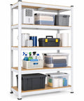 Heavy Duty Five Tier Garage Shelving Unit With Rock Solid Metal Frame And Reinforced MDF Boards, storing cleaning supplies and linens.