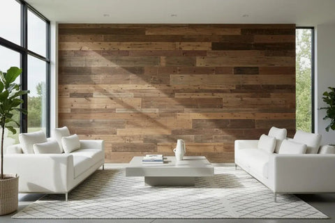 Spacious living room featuring a rustic walnut brown oxidizing wood stain accent wall with white sofas and modern decor.