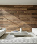 Modern living room featuring Top Shelf Rustic Walnut Oxidizing Wood Stain on oak accent wall with white furniture.