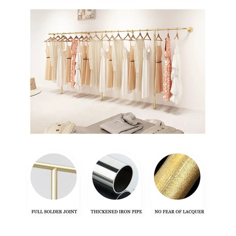 Top Tier Wall Mounted Garment Rack With Built In Shelves And Brushed Gold Finish Straight Ready For Any Boutique Or Master Closet Heavy Duty Metal Clothes Rail That Actually Holds Your Threads