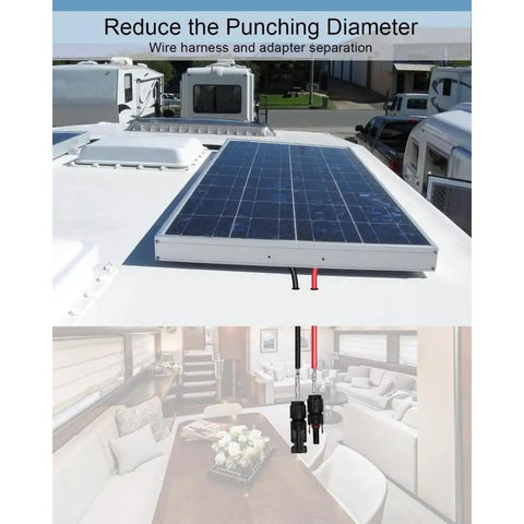 Rooftop solar panel with wiring through a Solar Dual Cable Entry Gland Box With IP67 Waterproof Housing And Six Point Five Six Ft Tinned Copper Cable For RVs Boats Roofs Yachts And Travel Screw Or Adhesive Mount Heavy Duty Marine Grade Connection