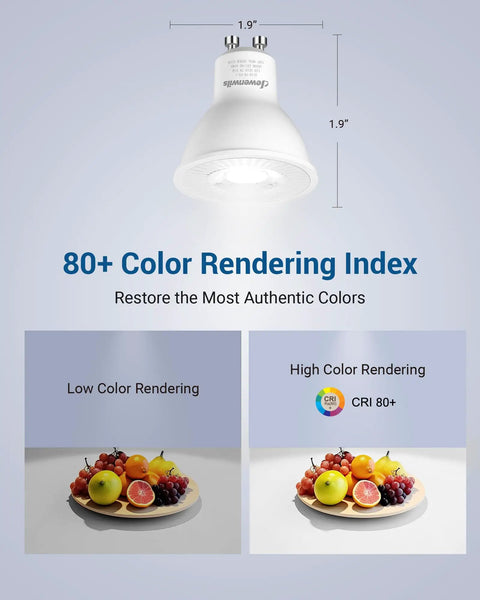 Image showing 7W GU10 LED Bulbs Dimmable 5000K Daylight, 50W Equivalent above fruit with color rendering comparison.