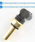 Close-up view of brass coolant temperature sensor (ECT) with black plastic connector.