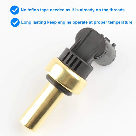 Close-up view of brass coolant temperature sensor (ECT) with black plastic connector.