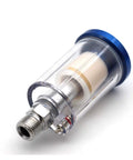 Slick Drop In Quarter Inch Airbrush Water And Oil Separator Inline Hose Filter Moisture Trap For Compressor Paint Spray, clear body, blue top.