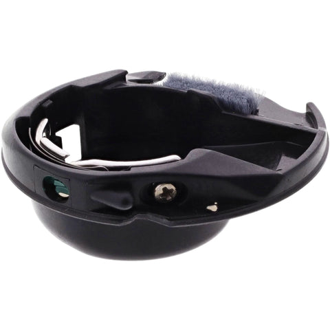 Black plastic bobbin case for sewing machines with metal tension spring and green adjustment screw, side view, compact.