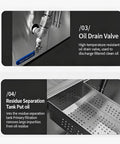 Built Tough Commercial Fryer Oil Filter Machine With Five Layer Stainless Steel Cartridge And Quick Automatic Return Flow For Real Restaurant Hustle Straight Up 10 Gallon Size showing oil drain valve and residue separation tank.