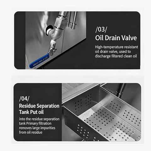 Built Tough Commercial Fryer Oil Filter Machine With Five Layer Stainless Steel Cartridge And Quick Automatic Return Flow For Real Restaurant Hustle Straight Up 10 Gallon Size showing oil drain valve and residue separation tank.