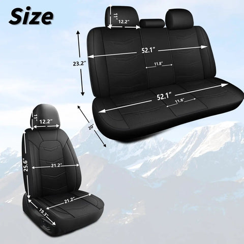 Leather Car Seat Covers Full Set For SUV Truck And Sedan size dimensions with 3 headrests and sleek black design
