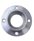 Top view of two inch steel faceplate for wood lathe with 1 8 TPI thread, heavy duty mount plate with four mounting holes.