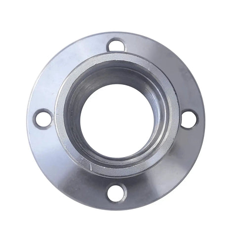 Top view of two inch steel faceplate for wood lathe with 1 8 TPI thread, heavy duty mount plate with four mounting holes.