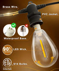 Close-up of 100 Ft LED Outdoor String Lights With 30 Shatterproof Edison Style Bulbs showing brass wire and PVC jacket